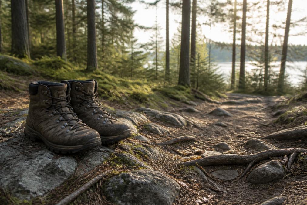 A pair of well-worn hiking boots resting on a rocky, root-covered trail in a dense Michigan forest with morning light filtering through pine trees