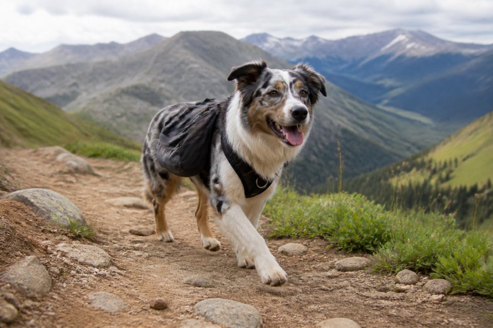 Active dog on a hiking trail wearing a harness and backpack, mid-stride on a dirt mountain path with scenic landscape in background, natural daylight
