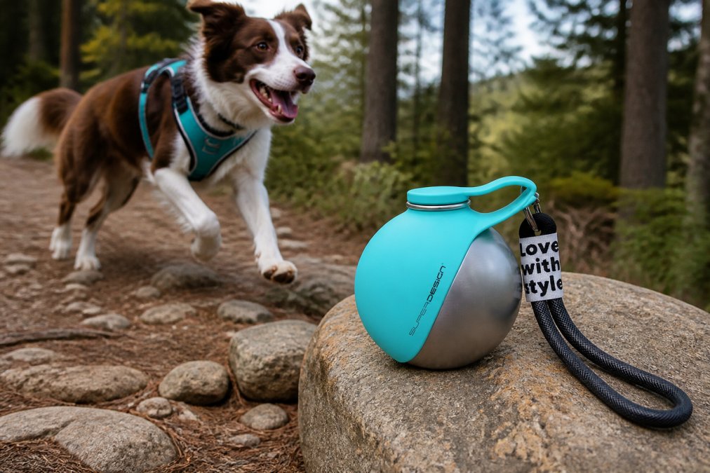 Active dog wearing a reflective harness on a woodland trail, mid-stride on a rocky path with trees in background