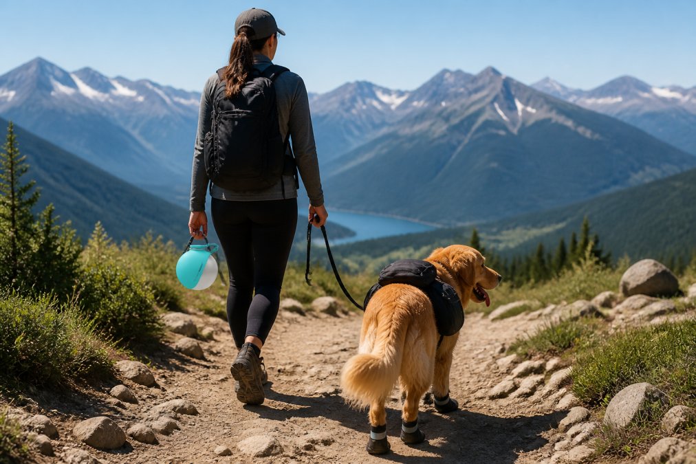 Owner and dog on a scenic hiking trail, dog wearing boots and backpack, walking together on a mountain path with distant landscape