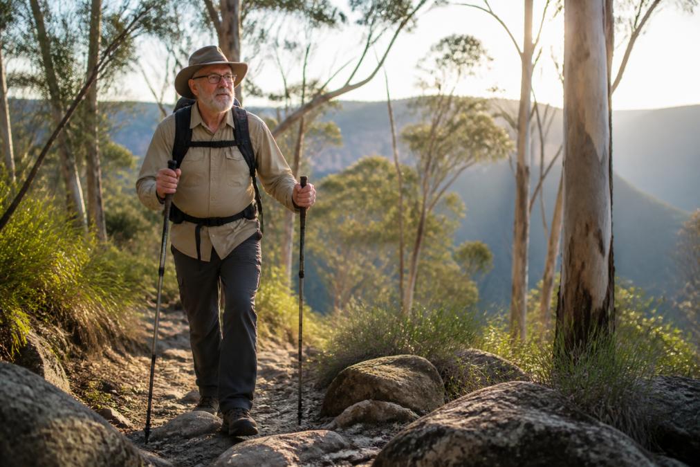 Senior hiker using trekking poles for joint support on a rocky trail, an essential piece of hiking gear for seniors.