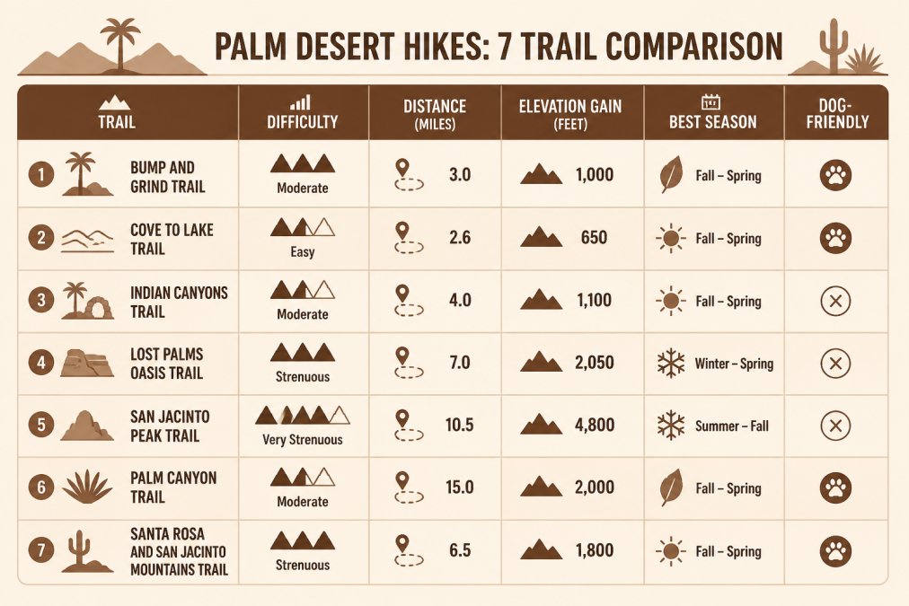 Comparison matrix showing all 7 trails with columns for difficulty level, distance, elevation gain, best season, and dog-friendly status