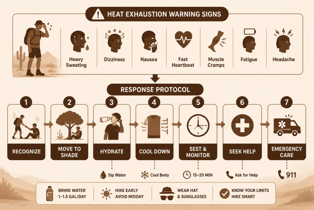 Flowchart showing heat exhaustion warning signs and step-by-step response protocol for desert hikers