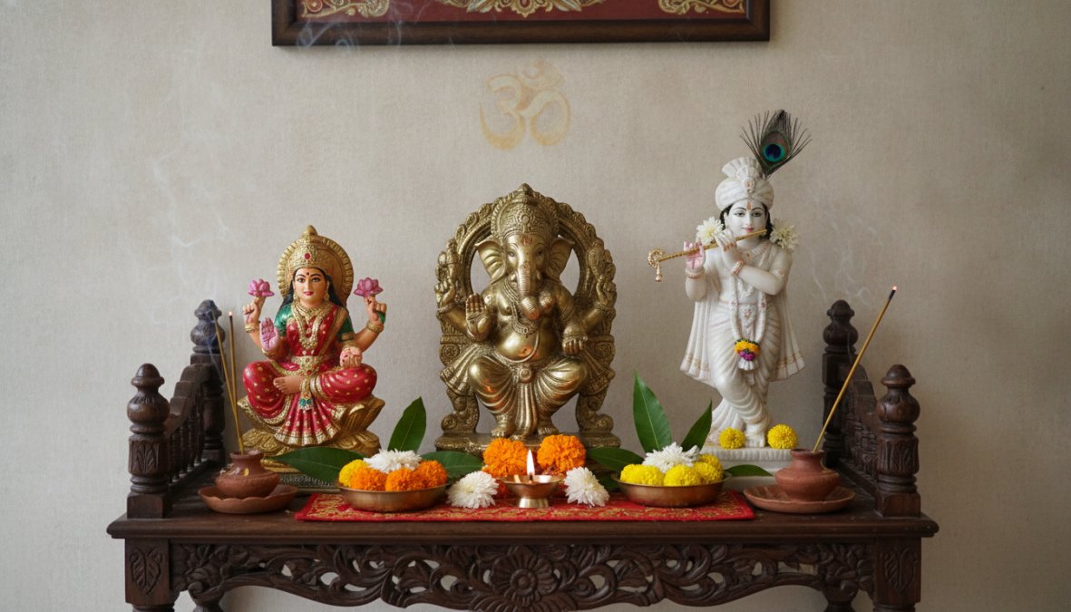 Wunderschön arrangierter Hausaltar mit mehreren hinduistischen Gottheitsstatuen, darunter Ganesha aus Messing, Krishna aus Marmor und handbemalte Lakshmi-Murtis, angeordnet auf einem Holzregal mit frischen Blumen und Räucherstäbchen
