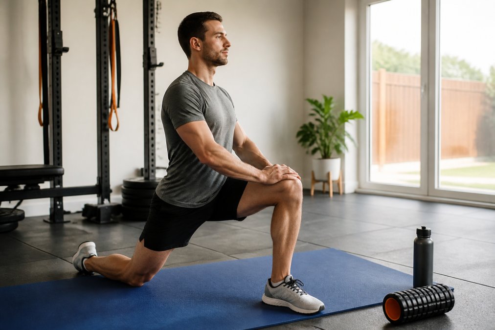 Runner performing half-kneeling hip flexor stretches on a blue mat in a bright home gym