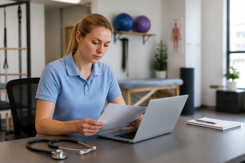 Physical therapist reviewing patient records on HIPAA software at a modern clinic desk