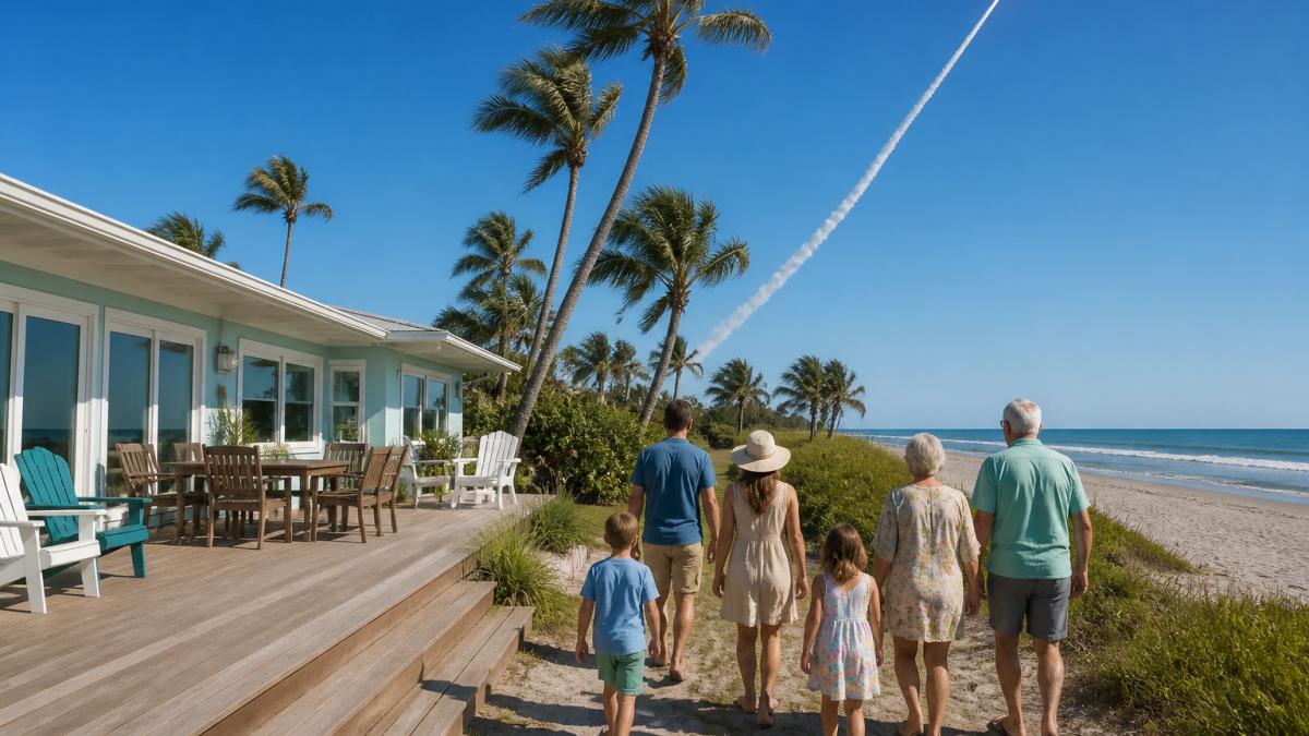Family walking from a restored 1950s historic beachfront rental toward the sand under a clear Cocoa Beach sky.