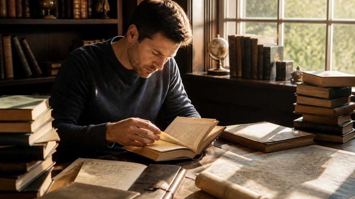A reader deeply engaged with a historical thriller novel, surrounded by stacked books and historical documents on a wooden desk with warm afternoon lighting streaming through a window