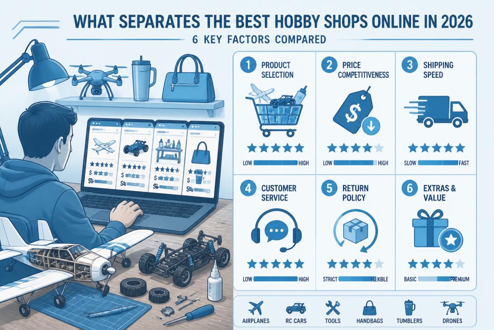 Infographic comparing features of top hobby shops online using a model builder's workbench as a visual guide