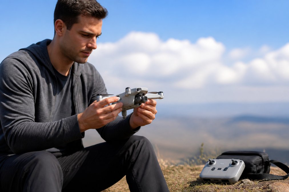 Beginner drone pilot holding DJI Mini 4 Pro in both hands outdoors, examining the foldable design with remote controller visible on ground nearby, natural daylight with open sky background