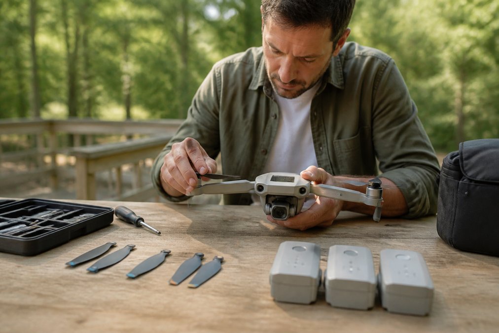 Person performing routine maintenance on beginner drone, inspecting propellers and gimbal in bright natural light, replacement propellers and batteries visible on workbench nearby