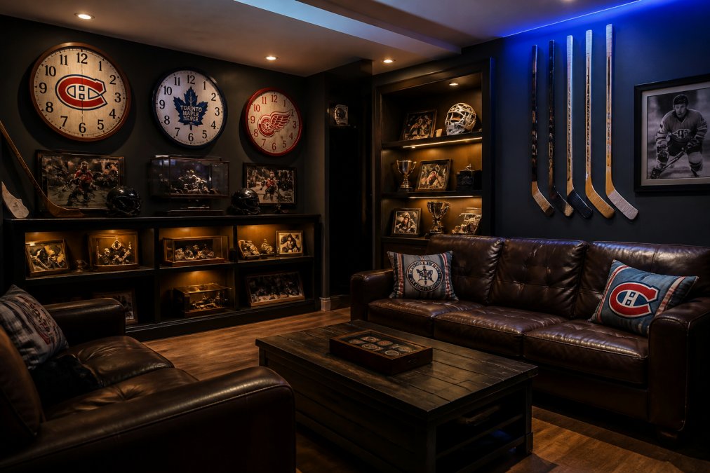 Finished hockey fan cave with vintage wall clocks displaying classic team logos, warm accent lighting highlighting memorabilia on shelves, comfortable seating arranged for optimal viewing, and team-colored ambient lighting creating game day atmosphere