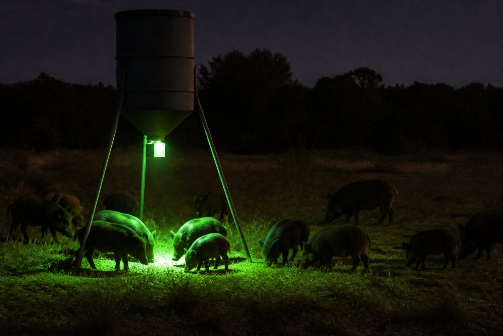 Feral hogs approaching a wildlife feeder illuminated by a green hog feeder light at night