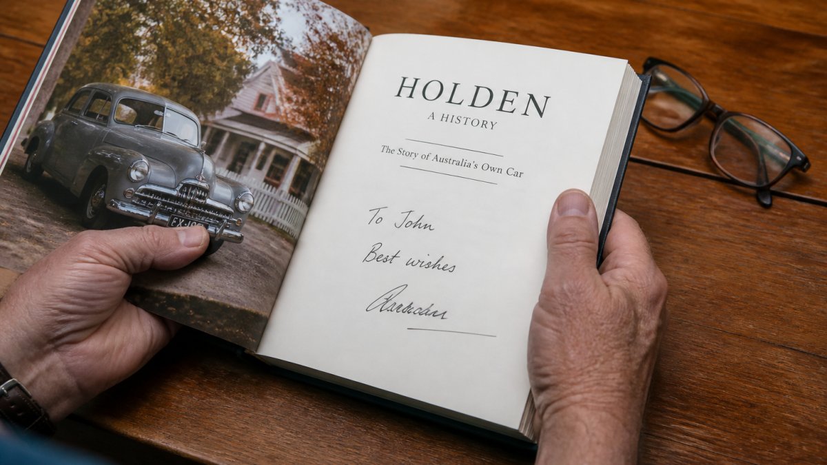 Hands holding an open hardcover history book with a signed title page and reading glasses on a wooden table
