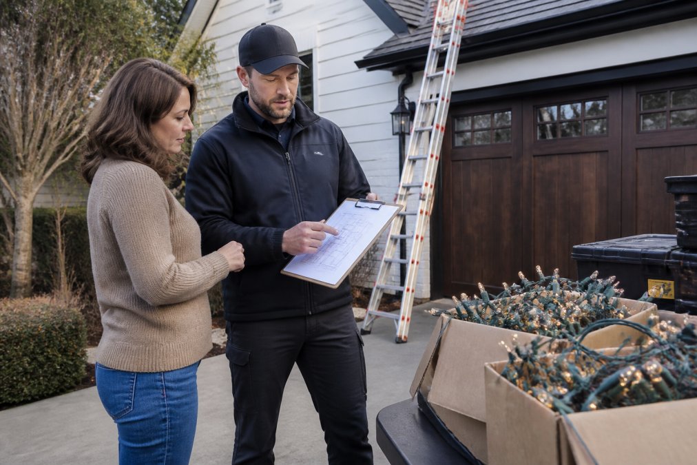 Homeowner and technician reviewing a holiday lighting installation plan on a clipboard by a roof ladder