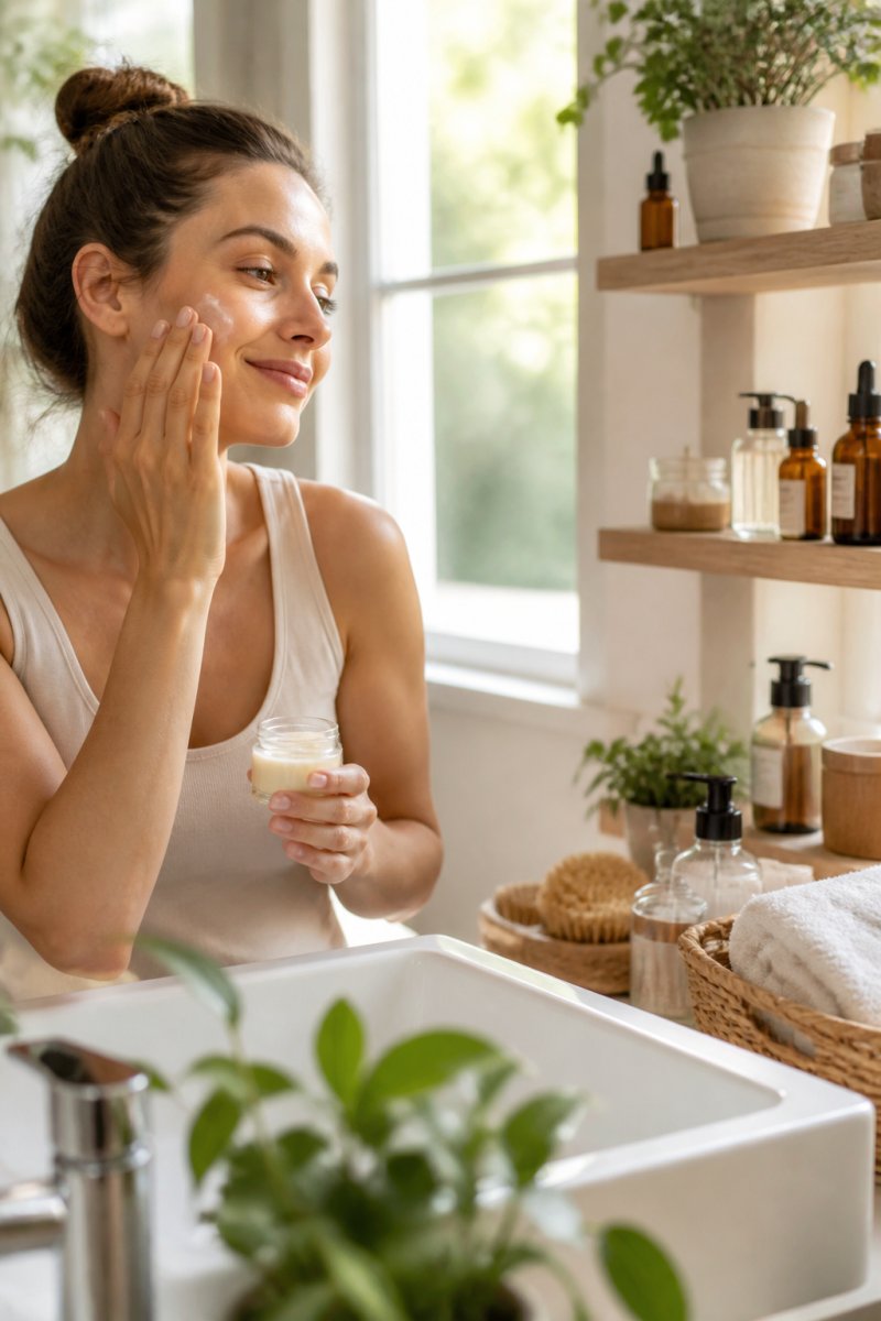 Person applying natural skincare product to face in a bright, minimalist bathroom with potted plants and sustainable glass packaging visible on wooden shelves, soft morning light streaming through a window