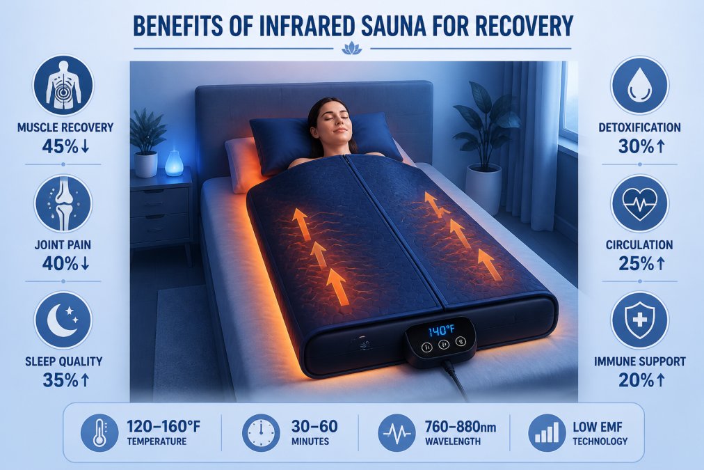 Person lying peacefully inside an infrared sauna blanket in a modern bedroom, warm glow from the blanket visible, showing comfort and relaxation in a home wellness setup