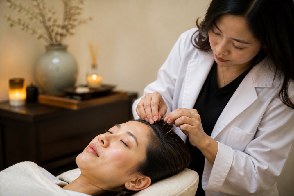 A licensed acupuncturist gently placing fine needles on the scalp of a relaxed female patient in a serene, softly lit treatment room