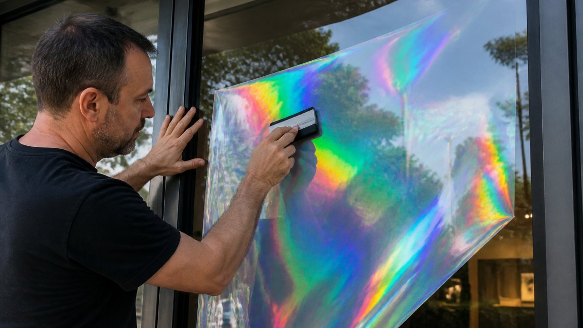 Step-by-step diagram illustrating correct squeegee pressure and technique for applying holographic window vinyl.