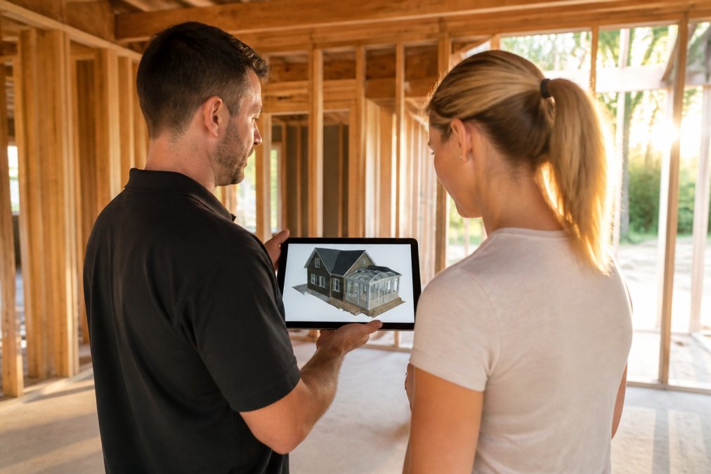 Contractor using 3D design software to show home addition builders the project layout on a tablet