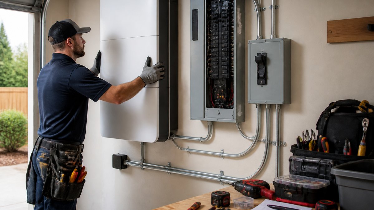 A licensed electrician in a residential garage mounting a wall-mounted home battery unit next to a smart home panel, with conduit and tools visible on a workbench