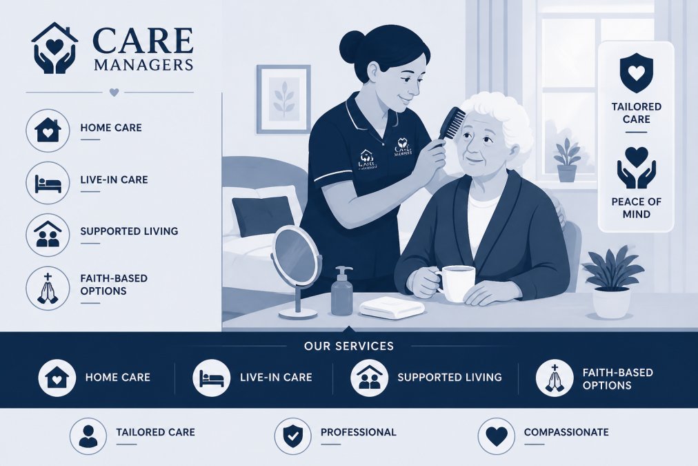 Professional carer assisting an elderly person with morning routine in a bright, comfortable home setting, showing attentive interaction and dignity