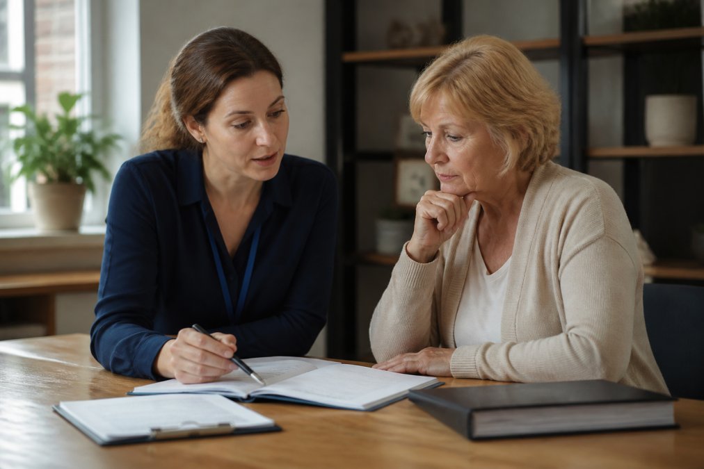 Adult child meeting with care coordinator at a desk, reviewing care documentation and discussing options in a professional office setting with natural lighting