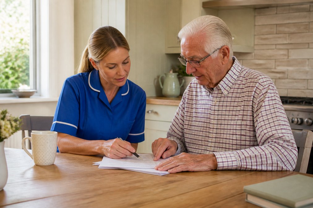 A professional female carer in a smart uniform sitting at a kitchen table with an older gentleman, reviewing a care plan document together, warm natural light