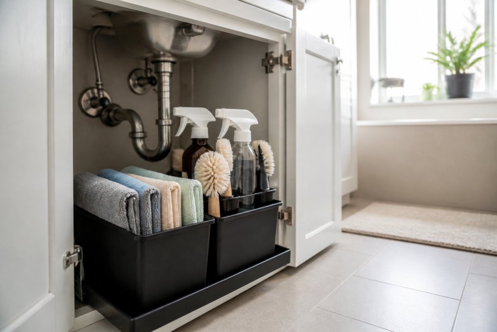 Compact under-sink caddy with organized microfiber cloths, spray bottles, and brushes neatly arranged in a small apartment bathroom cabinet, natural lighting from window