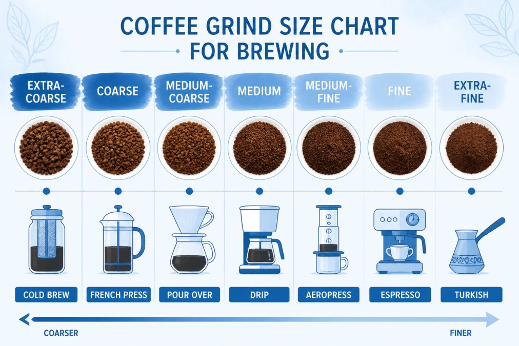 Watercolor chart mapping home coffee brewing methods to grind sizes ranging from extra-coarse to extra-fine.
