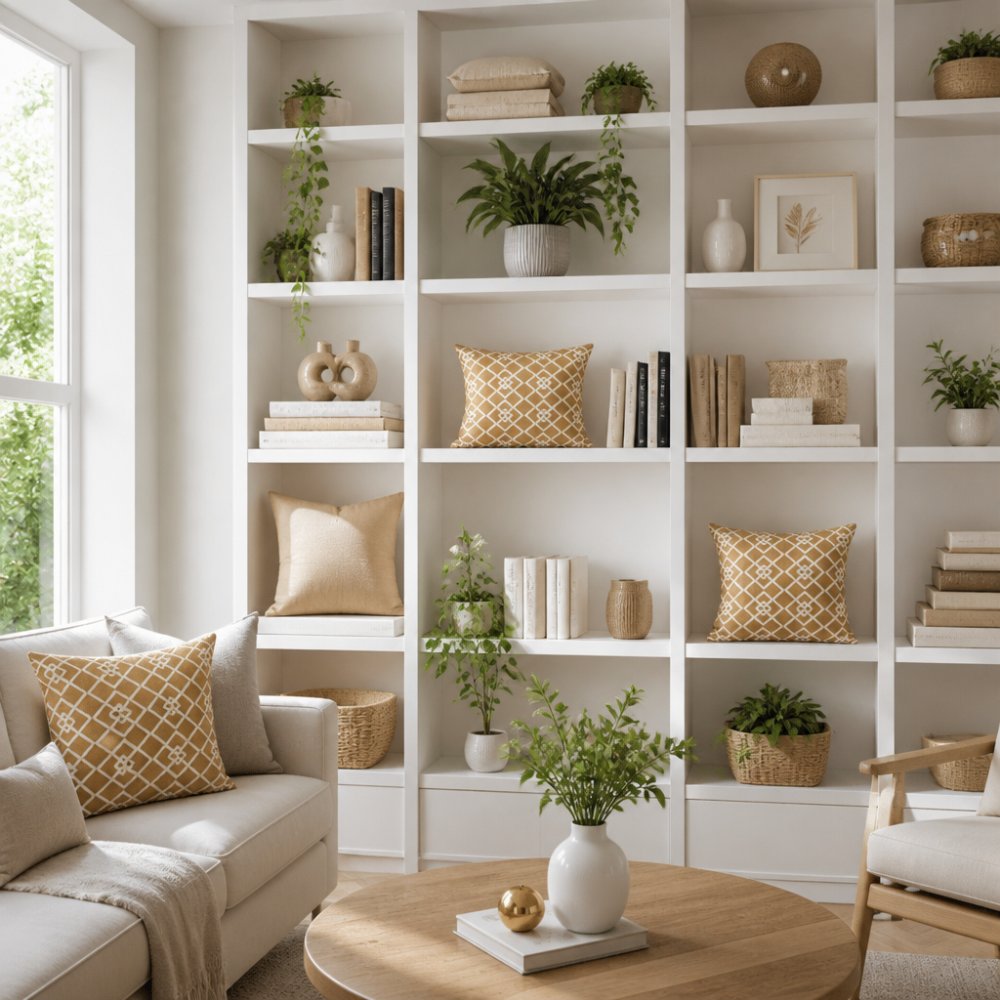 Small apartment living room with floor-to-ceiling white wall shelving displaying decorative cushions, books, and potted plants; natural daylight from window highlighting the vertical arrangement and creating clean sight lines