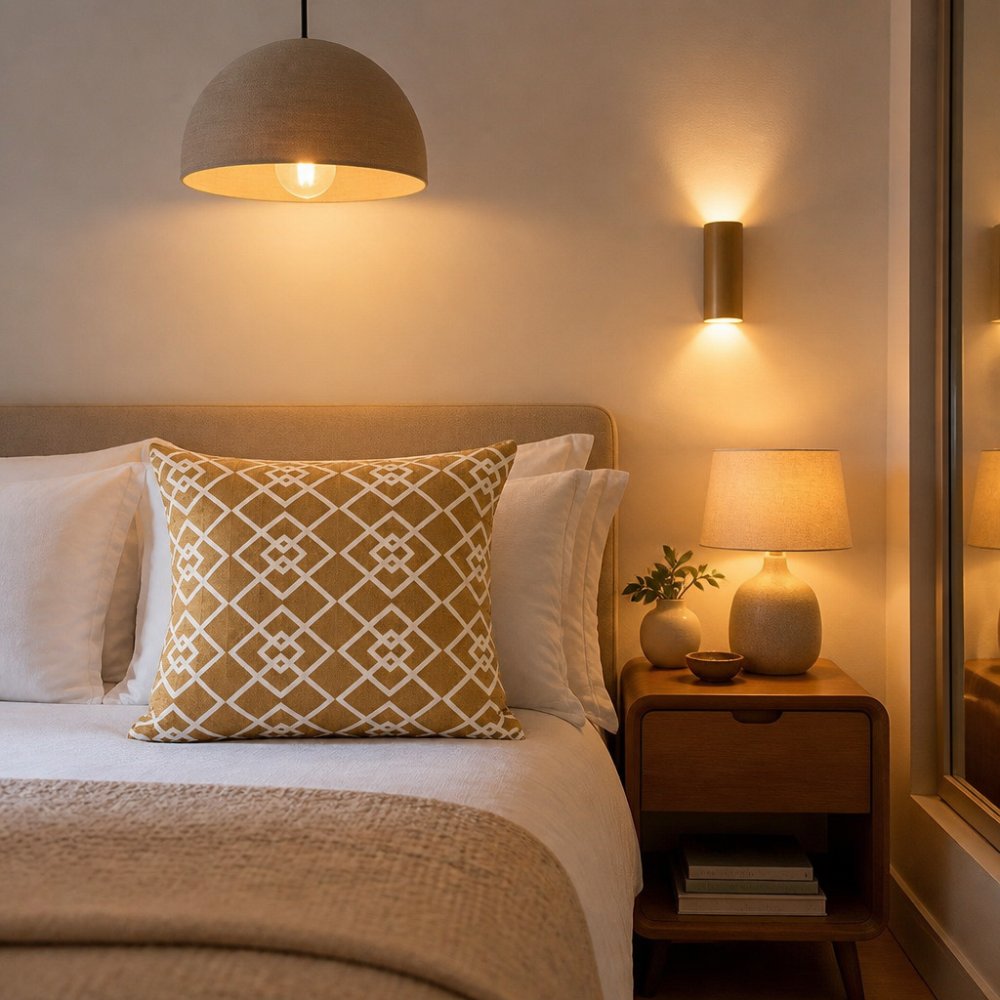 Cosy small bedroom with layered lighting: warm pendant light suspended above, soft linen lampshade on wooden nightstand, and ambient wall sconce creating warm glow that visually expands the compact space