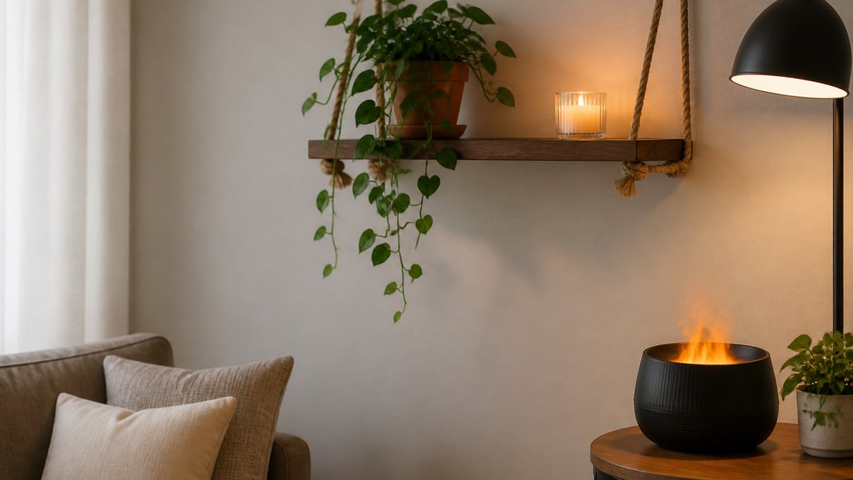 A small, tidy living room with a wooden swing shelf mounted on a pale wall, holding a trailing plant and a small candle, with a glowing flame-effect diffuser on a side table nearby