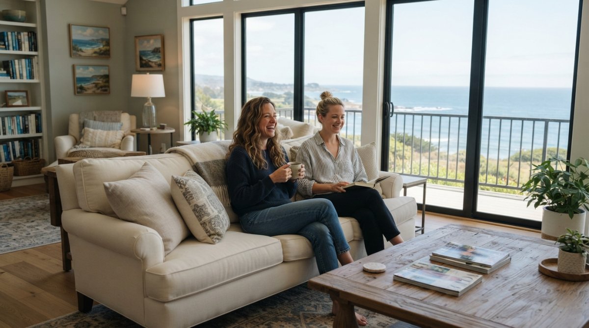 A beautifully decorated vacation rental living room with guests relaxing on comfortable durable furniture, natural light streaming through large windows, and curated wall art and local artwork on the walls