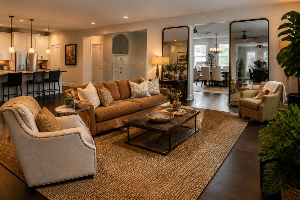 Spacious open concept living room with distinct zones defined by layered area rugs in complementary earth tones, warm accent lighting illuminating a seating area with textured throw pillows, and tall statement mirrors creating visual boundaries between living and dining spaces