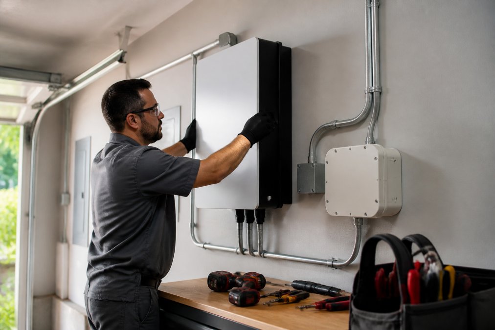 A licensed electrician in a gray work uniform installing a wall-mounted home battery storage unit in a clean residential garage, with conduit, wiring, and hand tools visible on a workbench nearby, under bright overhead lighting