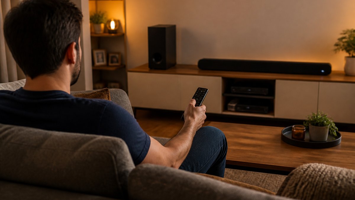 Person relaxing on a couch using home entertainment gadgets to stream a movie in a cozy living room setup
