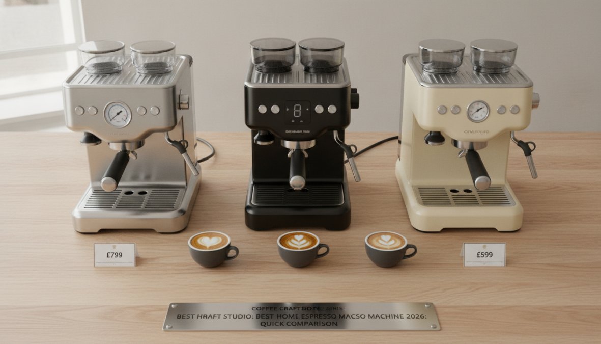 Overhead flat-lay arrangement of five different espresso machines on a wooden counter, showcasing size and design variety from compact to prosumer models, with cups and accessories arranged around them