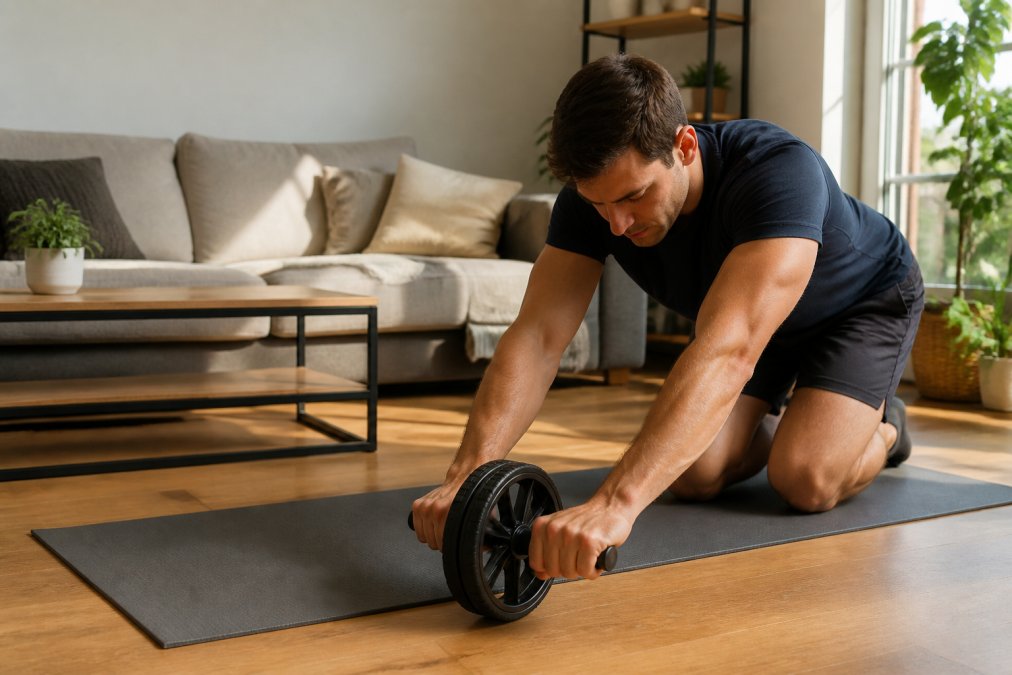 A person kneeling on a yoga mat using a three-wheel abdominal wheel in a small tidy apartment living room, sofa and coffee table visible behind them, soft afternoon light through a window