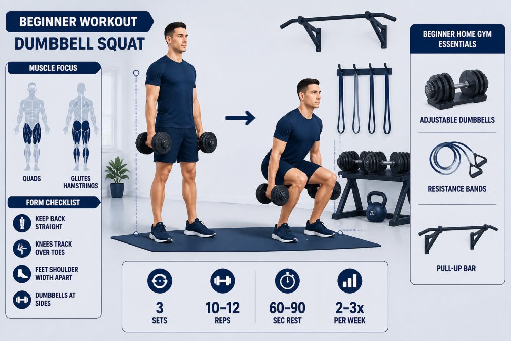 Person performing dumbbell exercise with proper form in a bright home gym setup with adjustable dumbbells, resistance bands, and pull-up bar visible in background