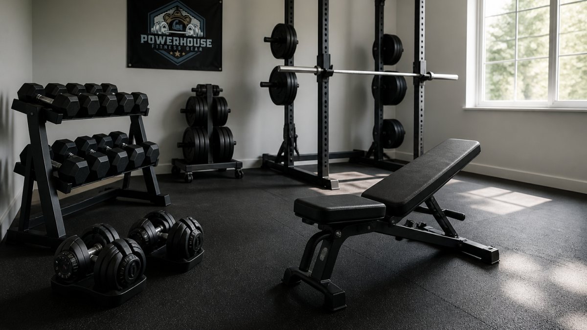 A home gym setup with adjustable dumbbells, a barbell, and a sturdy bench in a clean garage space, natural light coming through a window