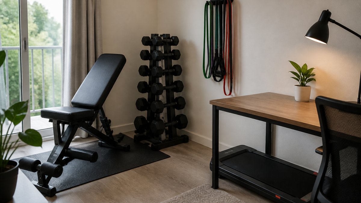 A compact home gym corner in a modern apartment with a foldable bench, adjustable dumbbells on a vertical rack, resistance bands hanging on a wall hook, and a walking pad tucked under a desk