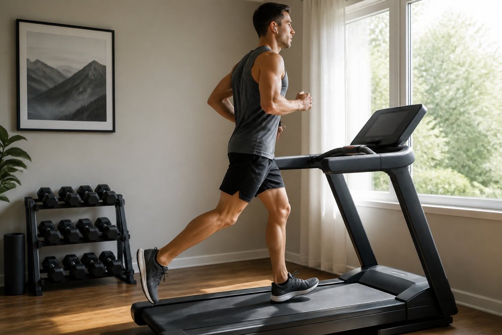 A person running on a treadmill in a bright, well-organized home gym with natural light streaming through a window, wearing workout clothes and wireless earbuds, focused expression