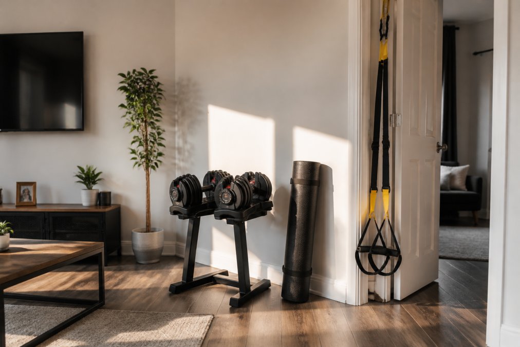 A compact home gym setup in a small apartment living room with adjustable dumbbells on a stand, a suspension trainer anchored to a door frame, and a rolled exercise mat leaning against the wall, all neatly arranged in a tight space with warm ambient lighting