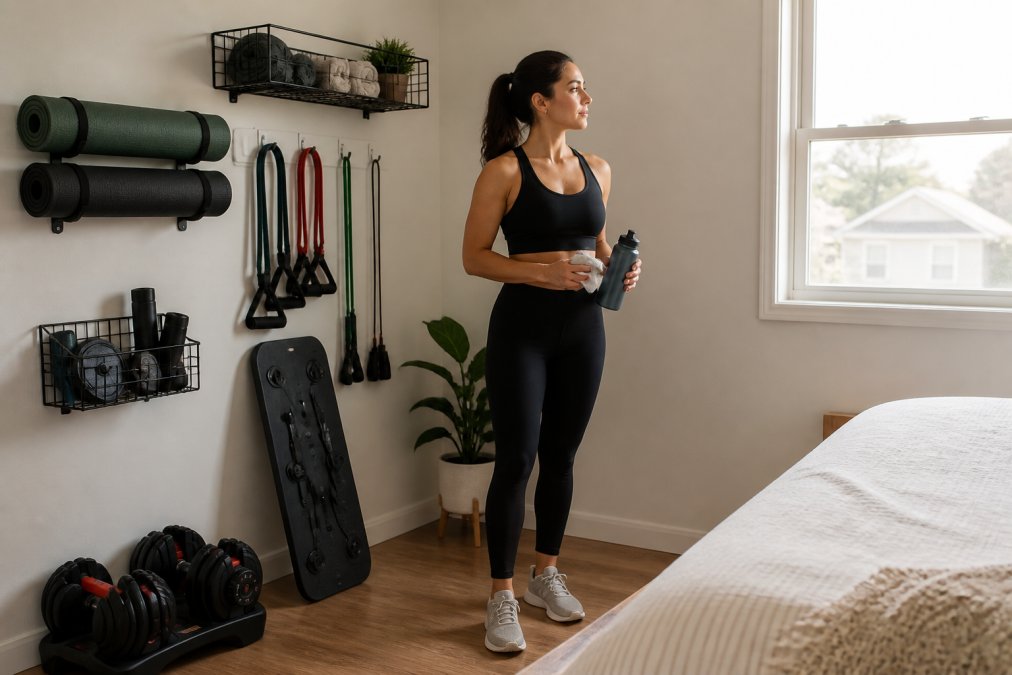 Person standing in a organized bedroom corner featuring the best home gym for small spaces with wall-mounted storage.