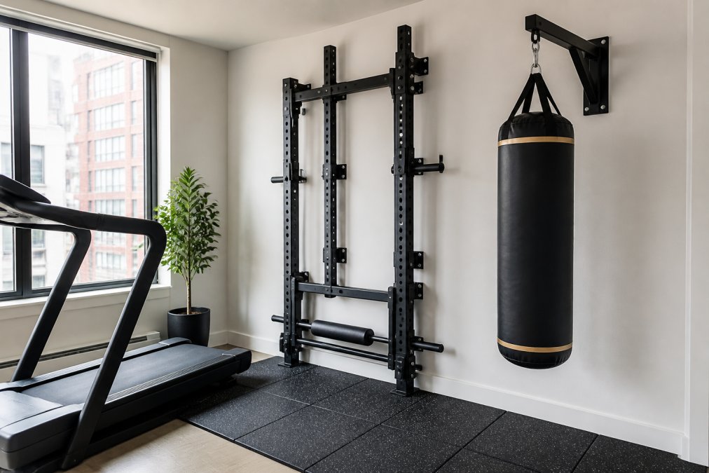 A compact apartment gym corner with a folding power rack mounted flat against a white wall, rubber floor mats laid out beneath it, and a wall-mounted punching bag visible to the side, showing how multiple pieces of equipment coexist in a small room with natural light from a nearby window