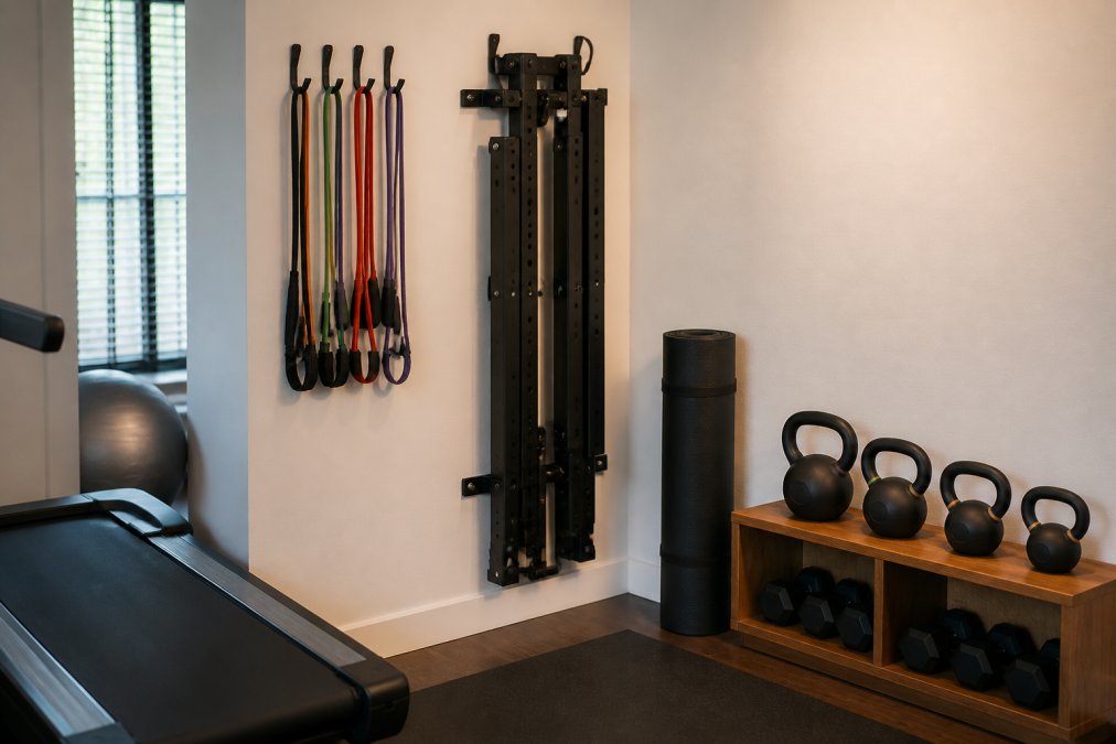 A small apartment training space with resistance bands hanging neatly on wall-mounted hooks, a folding rack flat against a white wall, kettlebells arranged on a low wooden shelf, and a yoga mat rolled vertically in the corner, warm ambient lighting showing an organized compact training area