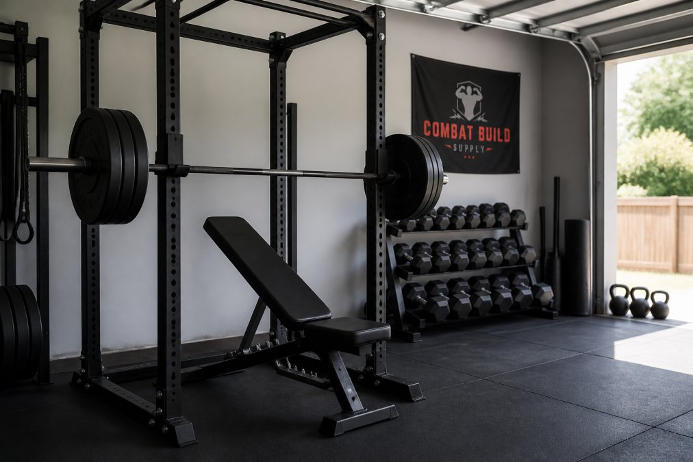A home gym with a power rack, loaded barbell on J-hooks, adjustable weight bench positioned for bench press, rubber flooring, and organized dumbbell rack in background, natural garage lighting