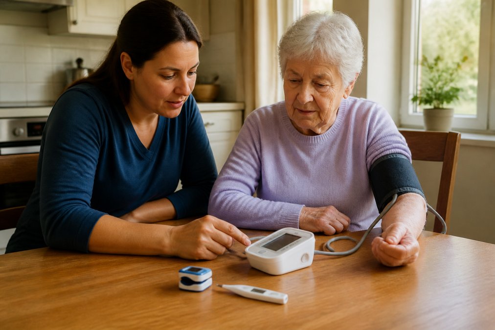 An adult caregiver sitting beside an elderly parent at a kitchen table, reviewing a blood pressure monitor reading together, with a pulse oximeter and thermometer visible nearby on the table, warm natural light from a window