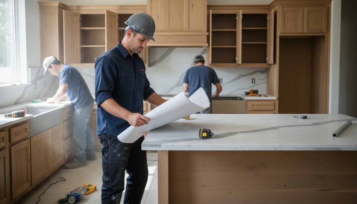 A professional contractor in a hard hat and work clothes reviewing architectural blueprints on a folding table inside a partially renovated kitchen with exposed cabinetry and new countertops being installed, warm natural light coming through a window